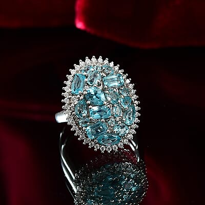 D'Joy Premium Betroka Blue Apatite and Moissanite 3.90 ctw Ring in Rhodium Over Sterling Silver (Size 10.0)