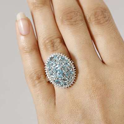 D'Joy Premium Betroka Blue Apatite and Moissanite 3.90 ctw Ring in Rhodium Over Sterling Silver (Size 10.0)