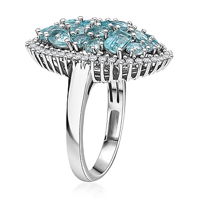 D'Joy Premium Betroka Blue Apatite and Moissanite 3.90 ctw Ring in Rhodium Over Sterling Silver (Size 10.0)