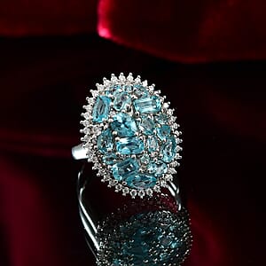 D'Joy Premium Betroka Blue Apatite and Moissanite 3.90 ctw Ring in Rhodium Over Sterling Silver (Size 6.0)