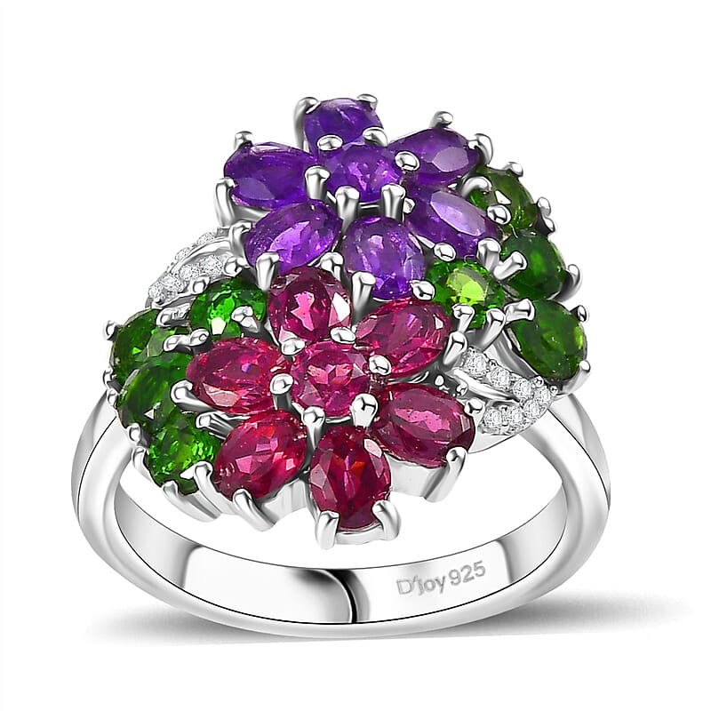 D'Joy Multi Gemstone 4.15 ctw Bunch of Flower Ring in Rhodium Over Sterling Silver (Size 10.0)