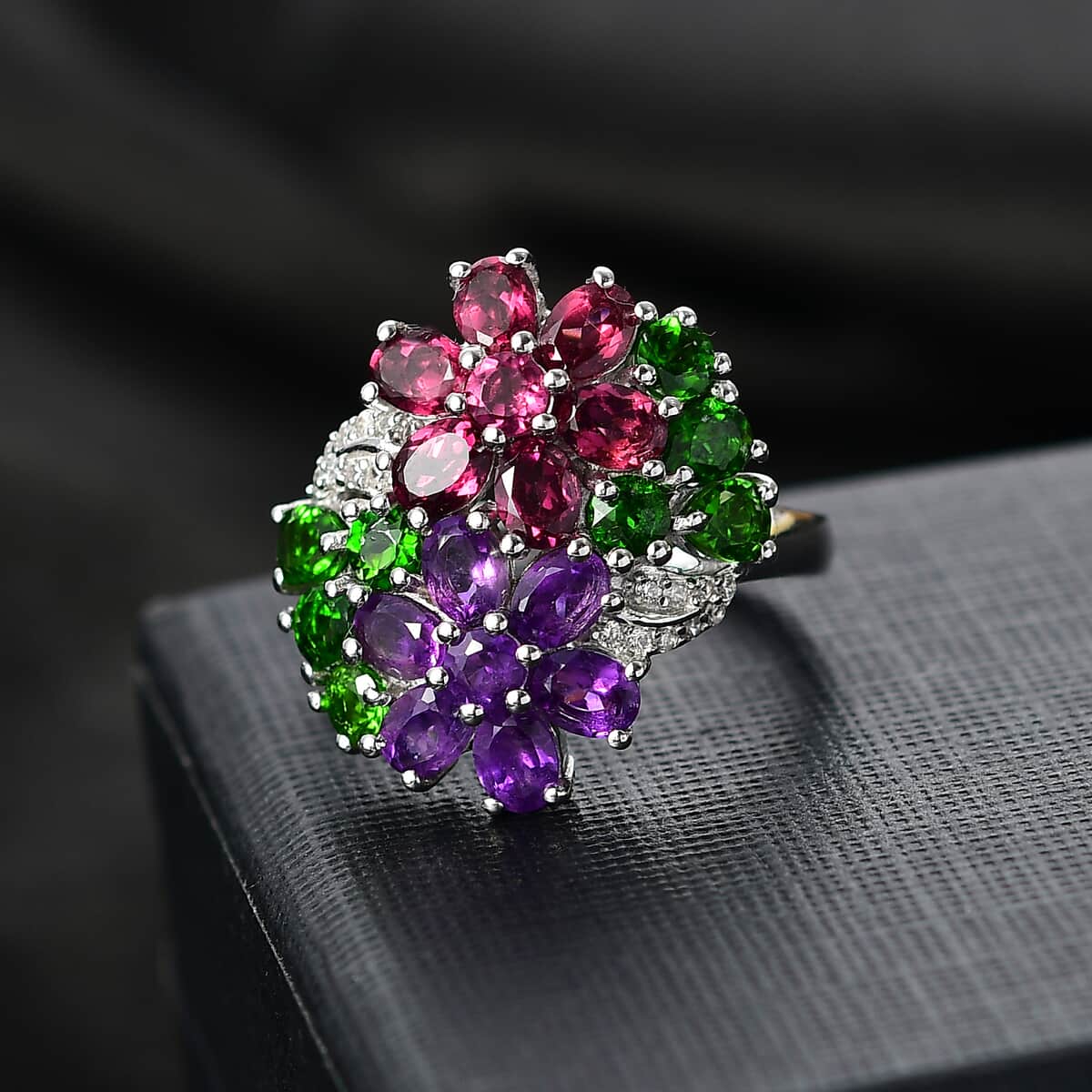 Multi Gemstone 4.15 ctw Bunch of Flower Ring in Rhodium Over Sterling Silver (Size 10.0) image number 1