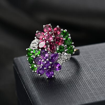D'Joy Multi Gemstone 4.15 ctw Bunch of Flower Ring in Rhodium Over Sterling Silver (Size 10.0)