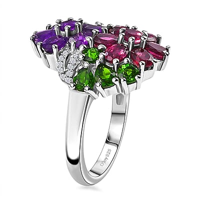D'Joy Multi Gemstone 4.15 ctw Bunch of Flower Ring in Rhodium Over Sterling Silver (Size 10.0)