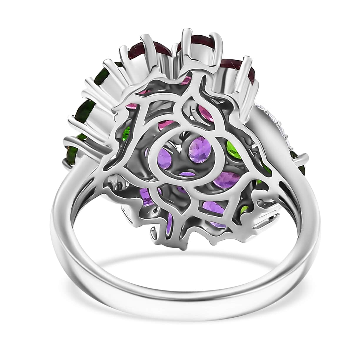 Multi Gemstone 4.15 ctw Bunch of Flower Ring in Rhodium Over Sterling Silver (Size 10.0) image number 4