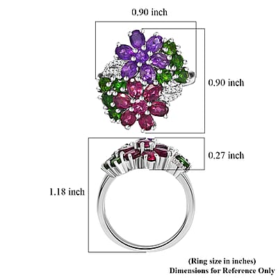 D'Joy Multi Gemstone 4.15 ctw Bunch of Flower Ring in Rhodium Over Sterling Silver (Size 10.0)