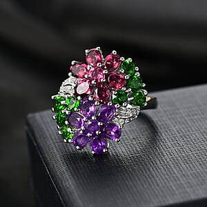 D'Joy Multi Gemstone 4.15 ctw Bunch of Flower Ring in Rhodium Over Sterling Silver (Size 7.0)