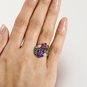 D'Joy Multi Gemstone 4.15 ctw Bunch of Flower Ring in Rhodium Over Sterling Silver (Size 7.0)