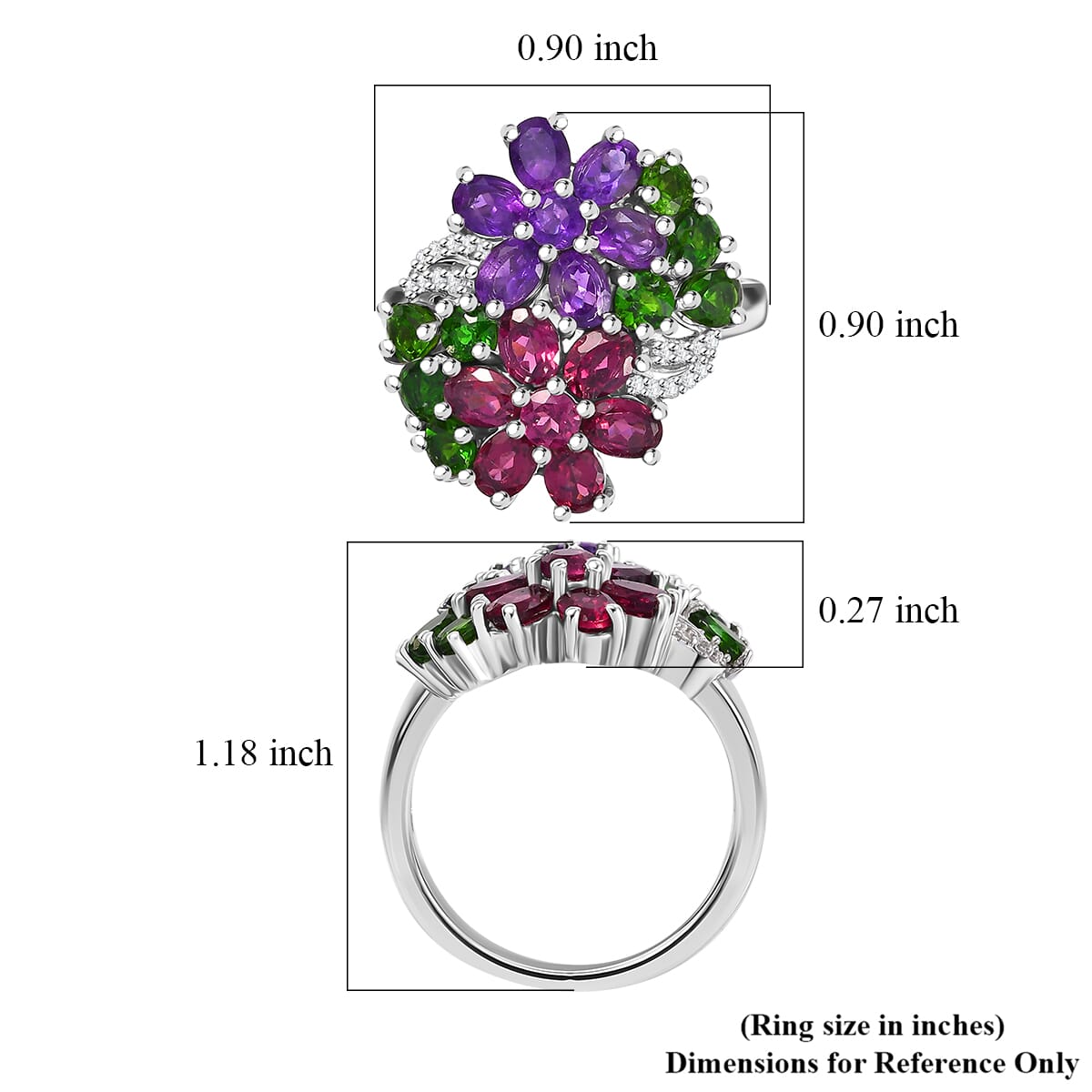 Multi Gemstone 4.15 ctw Bunch of Flower Ring in Rhodium Over Sterling Silver (Size 7.0) image number 5