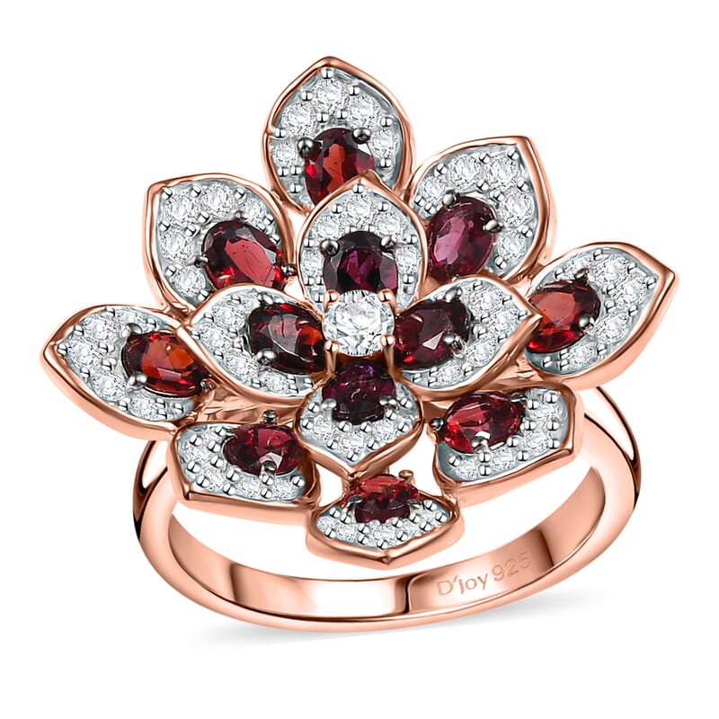 D'Joy Premium Anthill Garnet and White Zircon 3.40 ctw Bellflower Ring in 18K Vermeil Rose Gold Over Sterling Silver (Size 10.0)