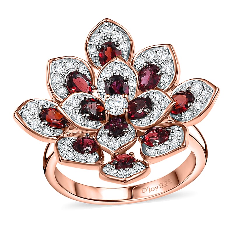 D'Joy Premium Anthill Garnet and White Zircon 3.40 ctw Bellflower Ring in 18K Vermeil Rose Gold Over Sterling Silver (Size 10.0)
