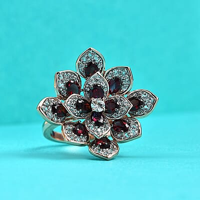 D'Joy Premium Anthill Garnet and White Zircon 3.40 ctw Bellflower Ring in 18K Vermeil Rose Gold Over Sterling Silver (Size 10.0)