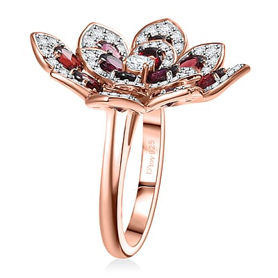 D'Joy Premium Anthill Garnet and White Zircon 3.40 ctw Bellflower Ring in 18K Vermeil Rose Gold Over Sterling Silver (Size 10.0)
