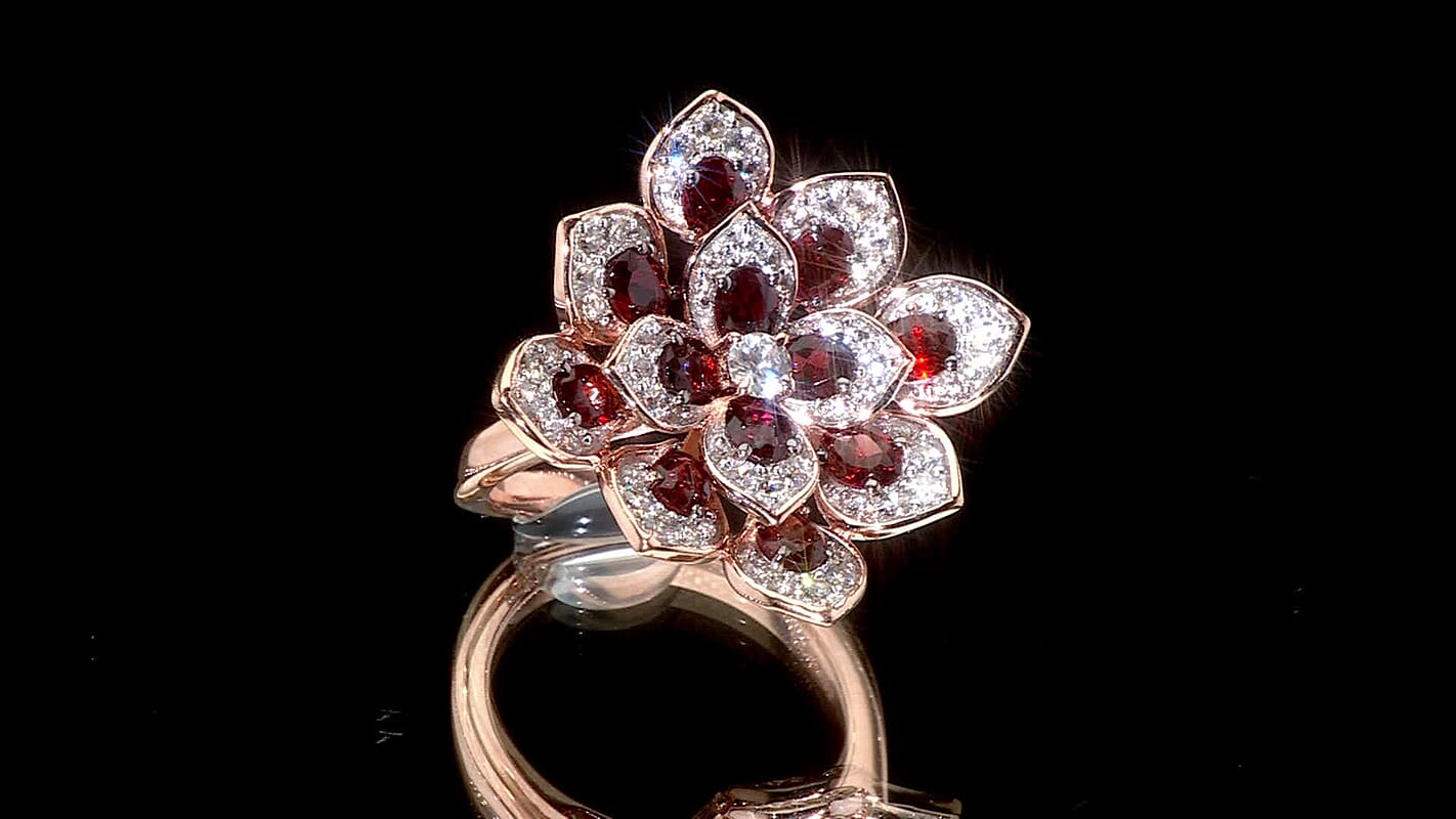 Premium Anthill Garnet, White Zircon Bellflower Ring in 18K Vermeil RG Over Sterling Silver (Size 10.0) 3.40 ctw