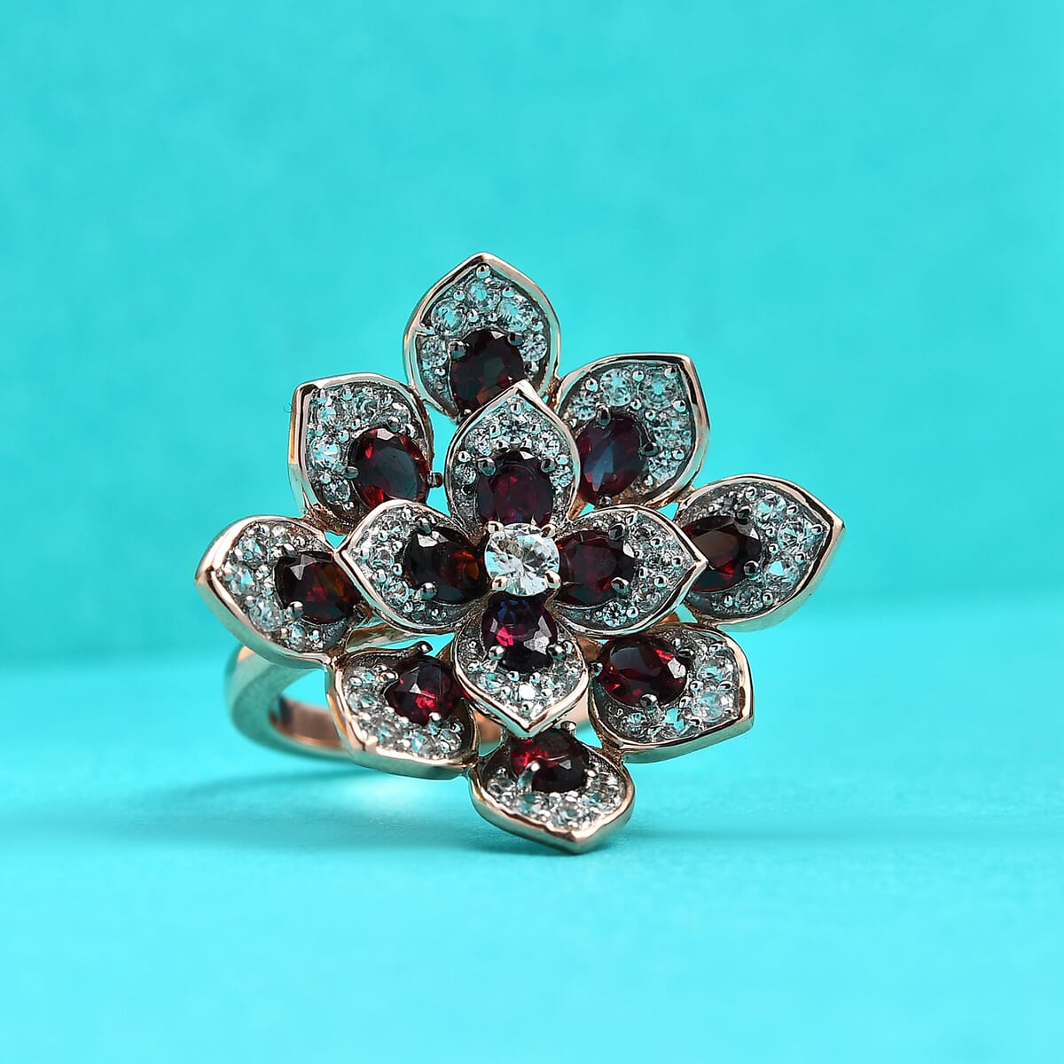 Premium Anthill Garnet and White Zircon 3.40 ctw Bellflower Ring in 18K Vermeil Rose Gold Over Sterling Silver (Size 8.0) image number 1