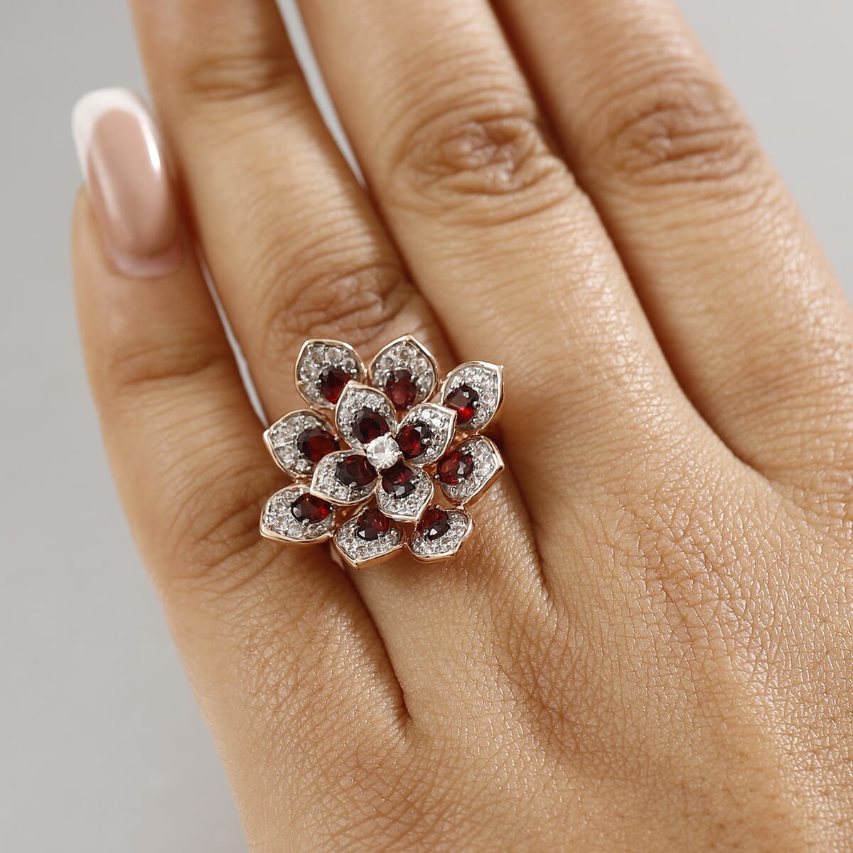 Premium Anthill Garnet and White Zircon 3.40 ctw Bellflower Ring in 18K Vermeil Rose Gold Over Sterling Silver (Size 8.0) image number 2