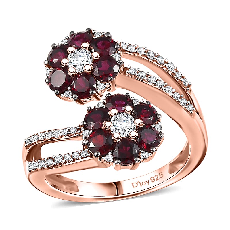 D'Joy Premium Anthill Garnet and White Zircon 2.40 ctw Scarlet Bloom Ring in 18K Vermeil Rose Gold Over Sterling Silver (Size 10.0)
