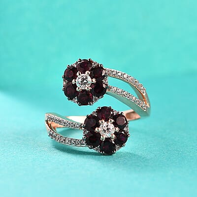 D'Joy Premium Anthill Garnet and White Zircon 2.40 ctw Scarlet Bloom Ring in 18K Vermeil Rose Gold Over Sterling Silver (Size 10.0)