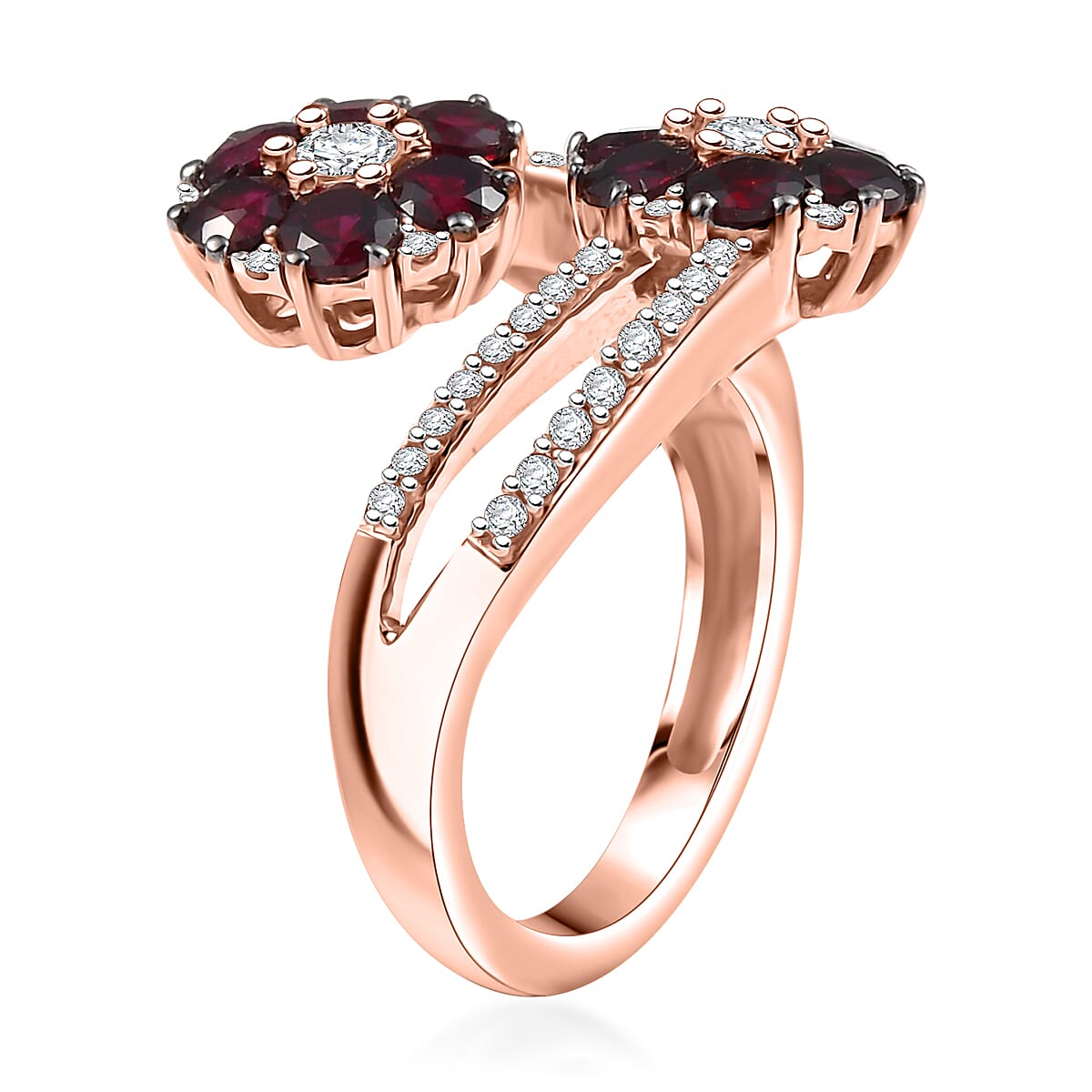 D'Joy Premium Anthill Garnet and White Zircon 2.40 ctw Scarlet Bloom Ring in 18K Vermeil Rose Gold Over Sterling Silver (Size 6.0) image number 3