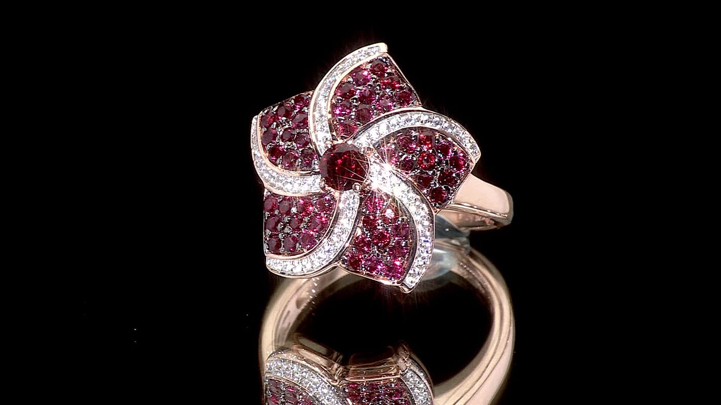 Premium Anthill Garnet, White Zircon Whirl Ring in 18K Vermeil RG Over Sterling Silver (Size 10.0) 1.90 ctw
