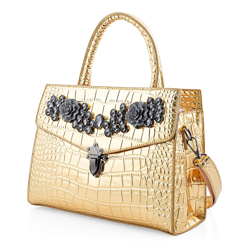 Golden Crocodile Embossed Faux Leather Sparkling Rhinestone Rose Crossbody Bag