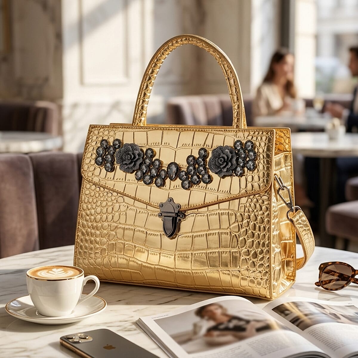 Golden Crocodile Embossed Faux Leather Sparkling Rhinestone Rose Crossbody Bag image number 1