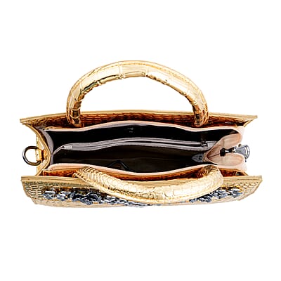 Golden Crocodile Embossed Faux Leather Sparkling Rhinestone Rose Crossbody Bag