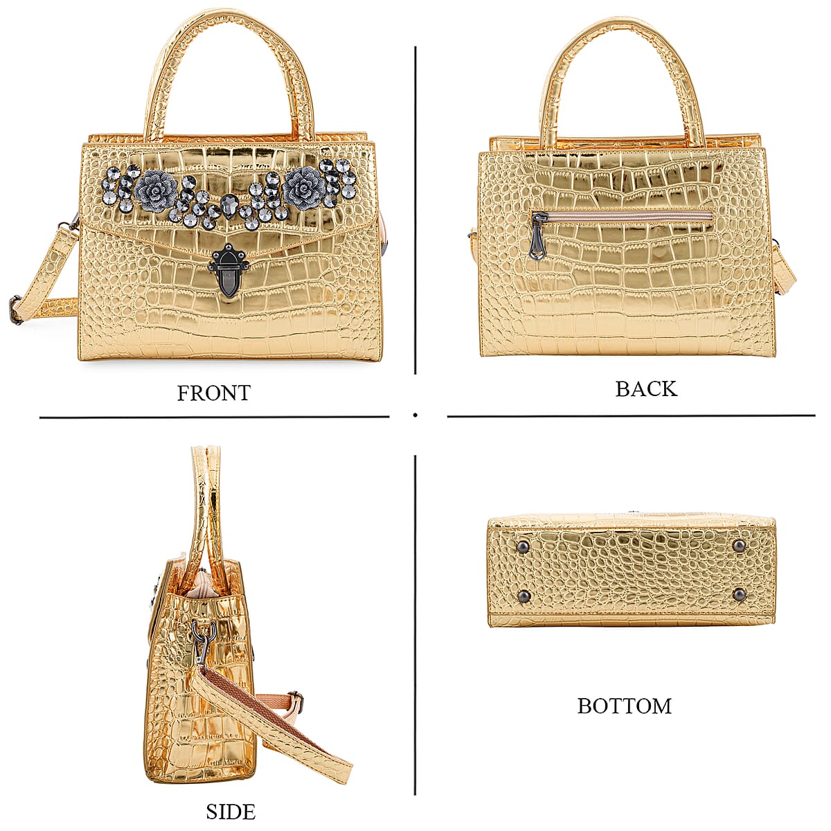 Golden Crocodile Embossed Faux Leather Sparkling Rhinestone Rose Crossbody Bag image number 5