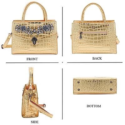 Golden Crocodile Embossed Faux Leather Sparkling Rhinestone Rose Crossbody Bag