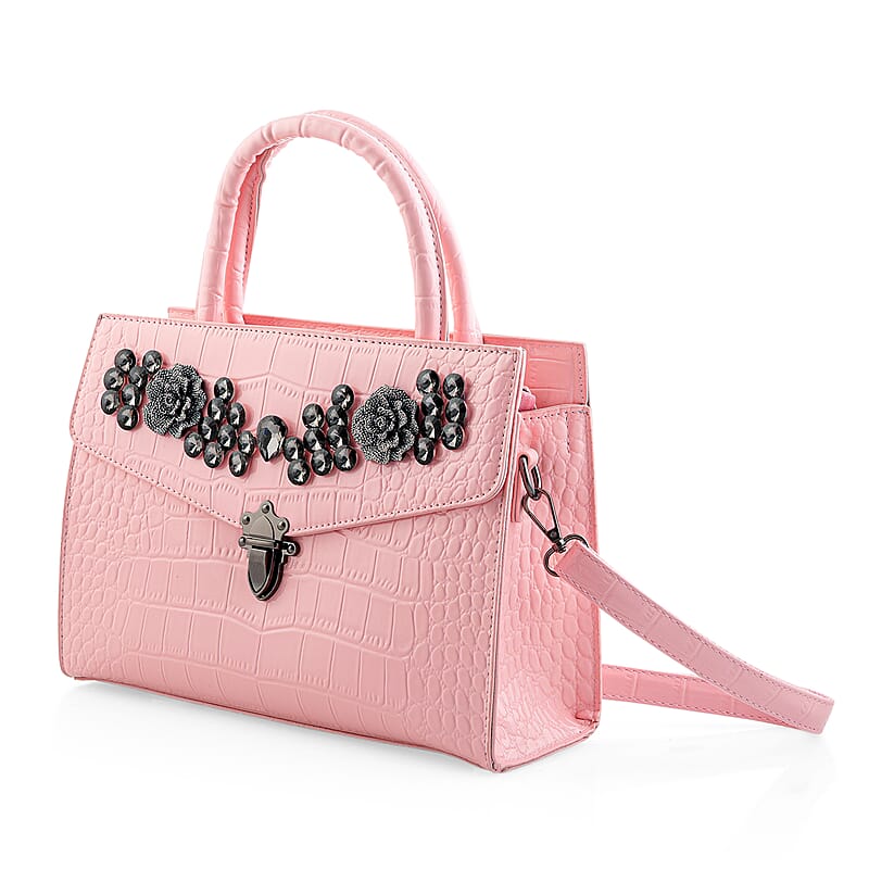 Pink Crocodile Embossed Faux Leather Sparkling Rhinestone Rose Crossbody Bag