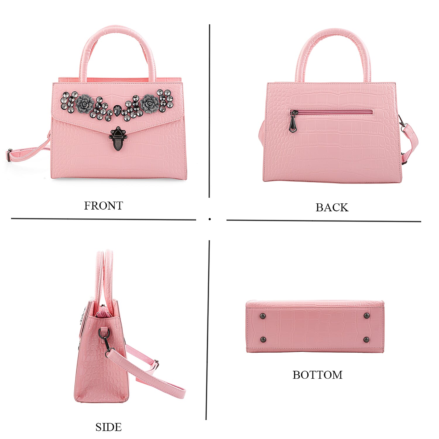 Pink Crocodile Embossed Faux Leather Sparkling Rhinestone Rose Crossbody Bag