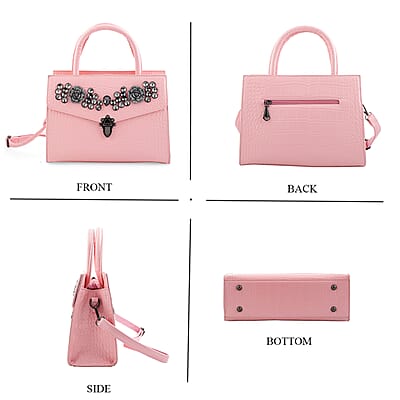 Pink Crocodile Embossed Faux Leather Sparkling Rhinestone Rose Crossbody Bag
