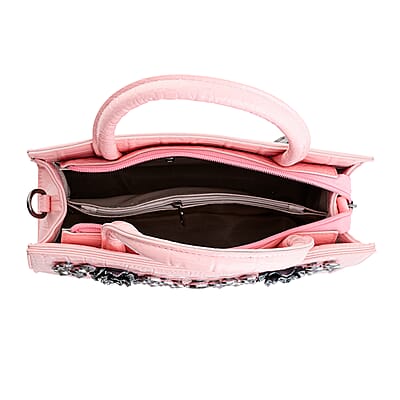 Pink Crocodile Embossed Faux Leather Sparkling Rhinestone Rose Crossbody Bag
