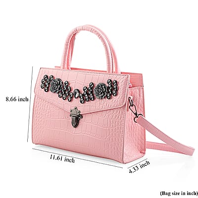 Pink Crocodile Embossed Faux Leather Sparkling Rhinestone Rose Crossbody Bag