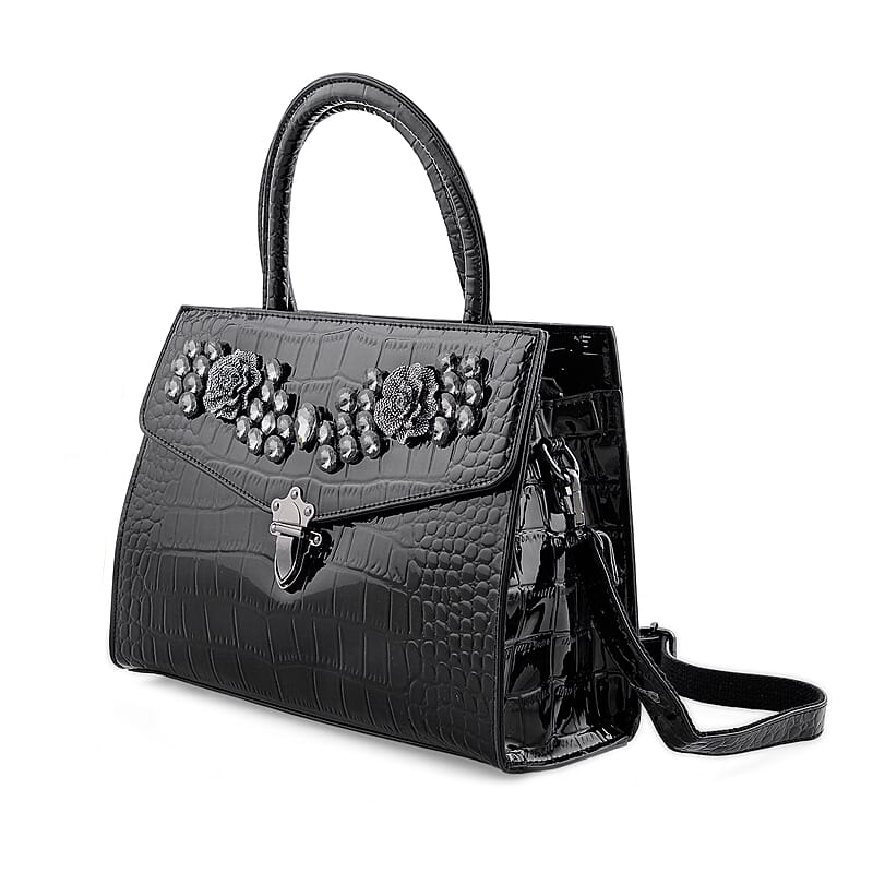 Black Crocodile Embossed Faux Leather Sparkling Rhinestone Rose Crossbody Bag