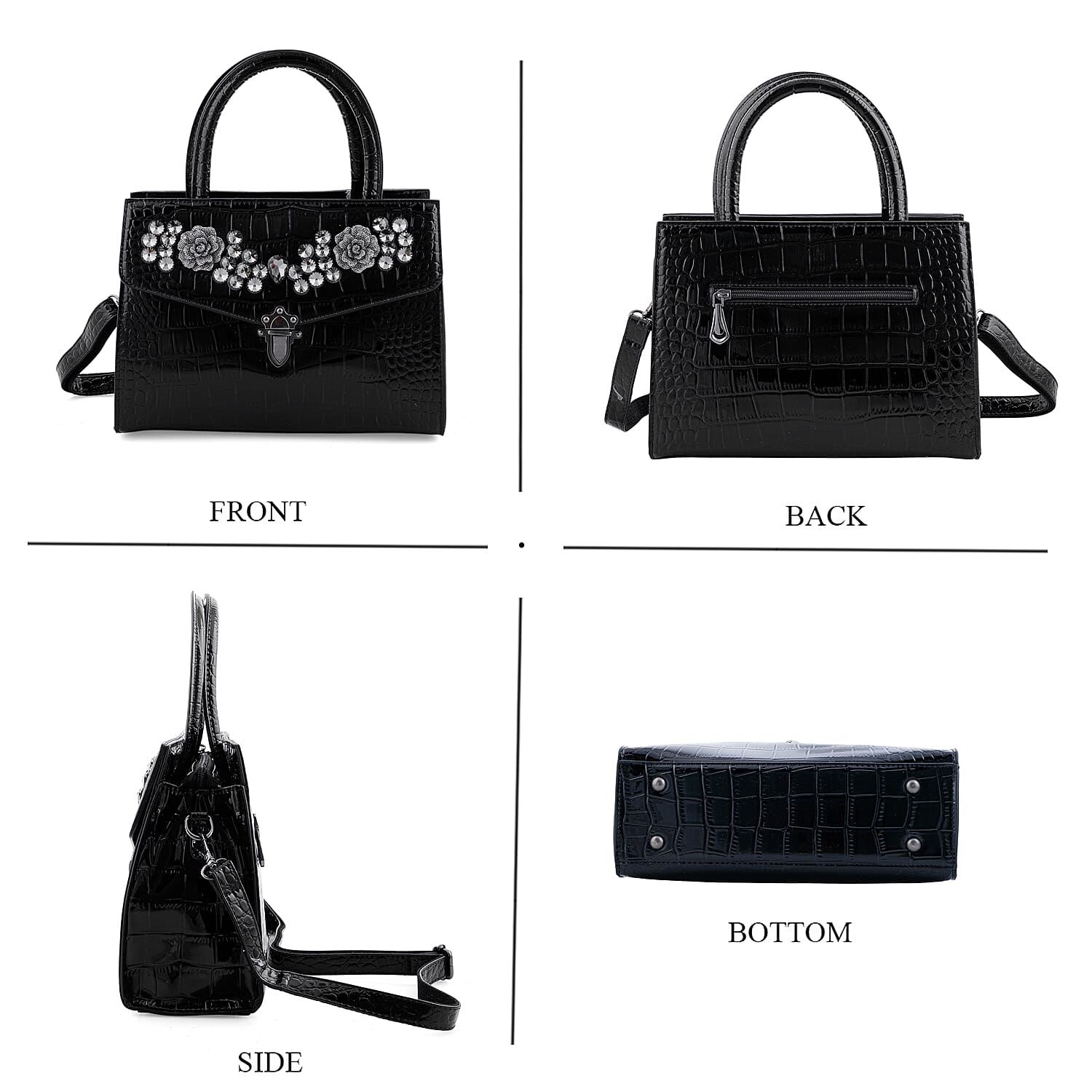 Black Crocodile Embossed Faux Leather Sparkling Rhinestone Rose Crossbody Bag