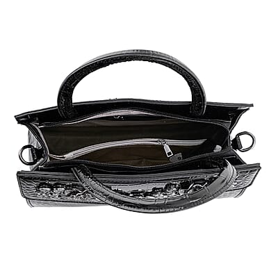 Black Crocodile Embossed Faux Leather Sparkling Rhinestone Rose Crossbody Bag
