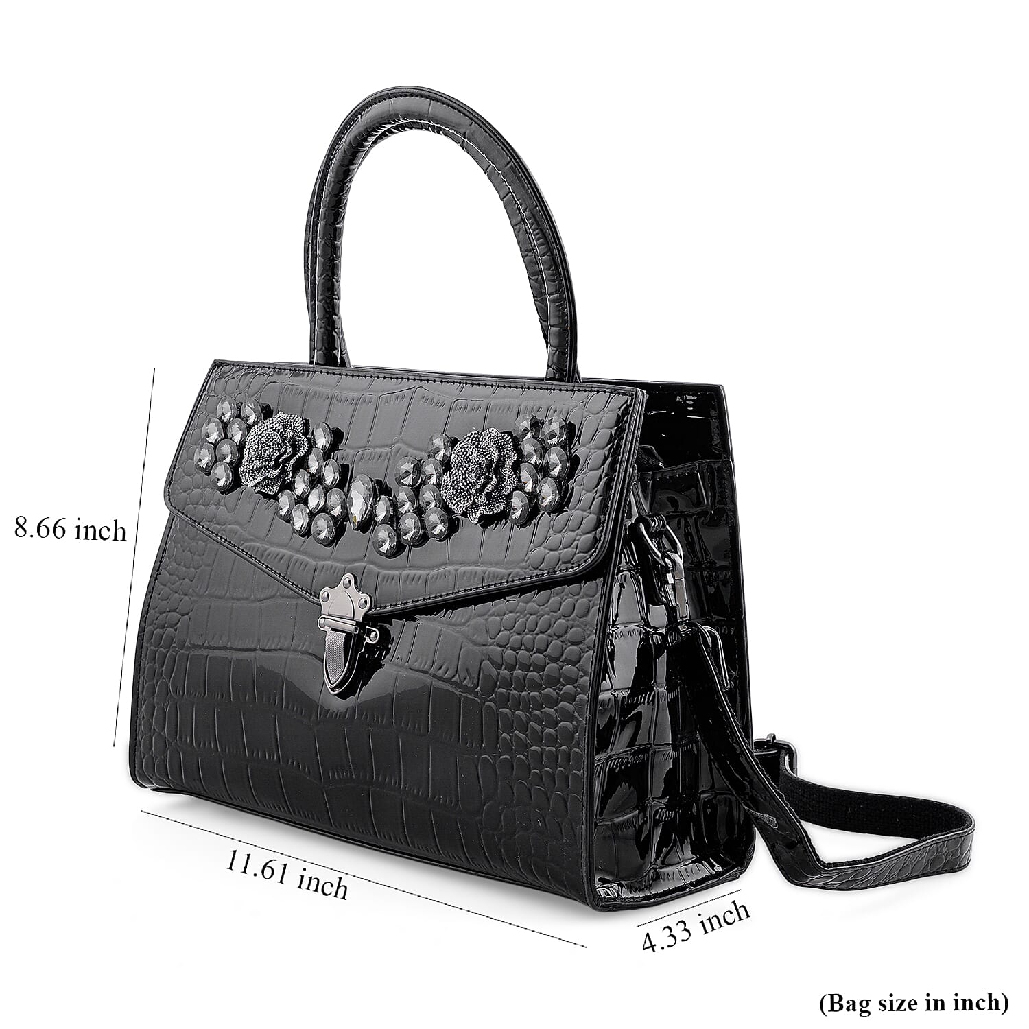 Black Crocodile Embossed Faux Leather Sparkling Rhinestone Rose Crossbody Bag