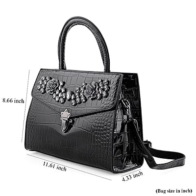 Black Crocodile Embossed Faux Leather Sparkling Rhinestone Rose Crossbody Bag