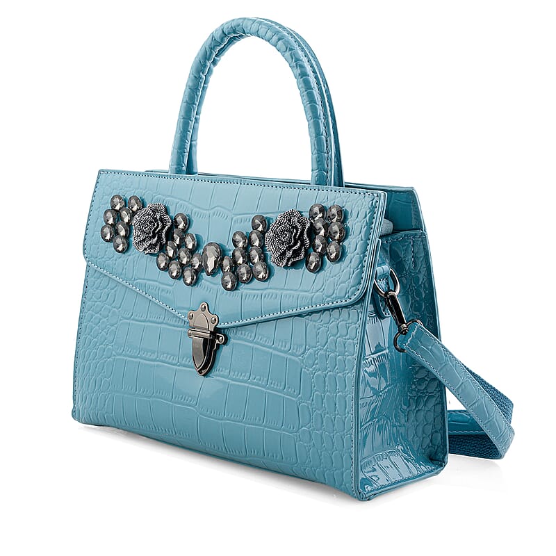 Blue Crocodile Embossed Faux Leather Sparkling Rhinestone Rose Crossbody Bag