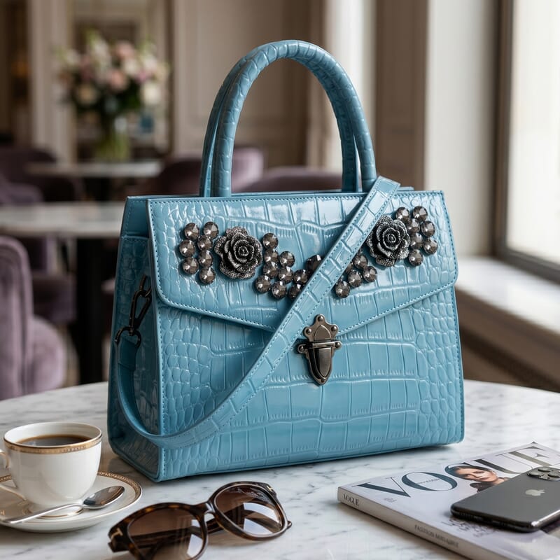 Blue Crocodile Embossed Faux Leather Sparkling Rhinestone Rose Crossbody Bag