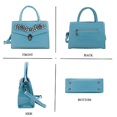 Blue Crocodile Embossed Faux Leather Sparkling Rhinestone Rose Crossbody Bag