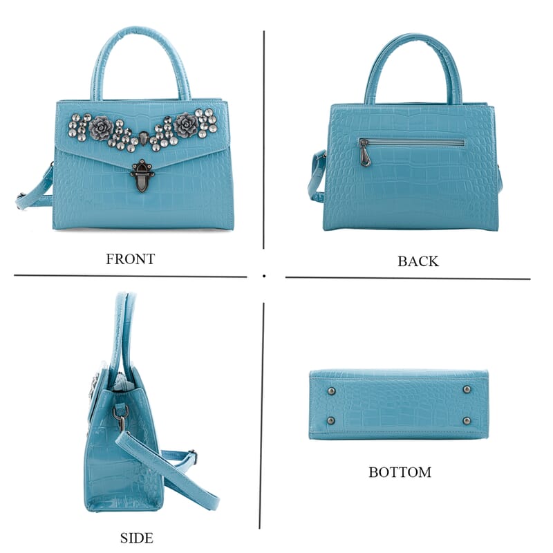 Blue Crocodile Embossed Faux Leather Sparkling Rhinestone Rose Crossbody Bag