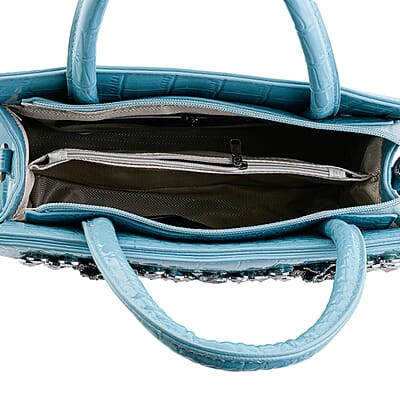 Blue Crocodile Embossed Faux Leather Sparkling Rhinestone Rose Crossbody Bag