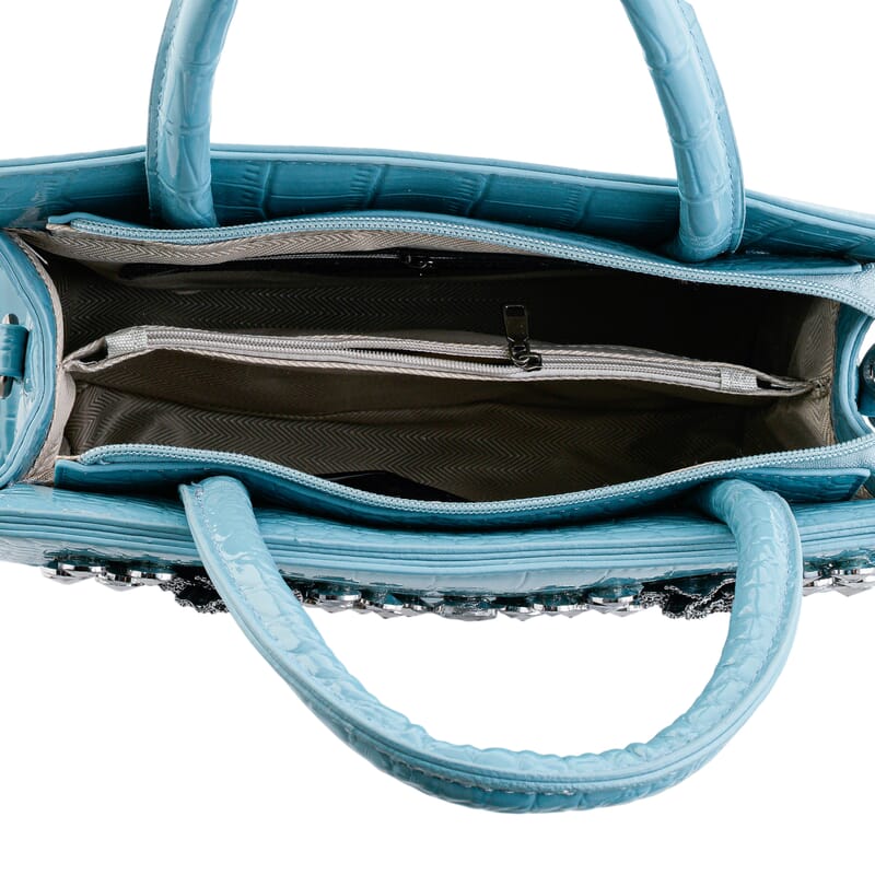 Blue Crocodile Embossed Faux Leather Sparkling Rhinestone Rose Crossbody Bag