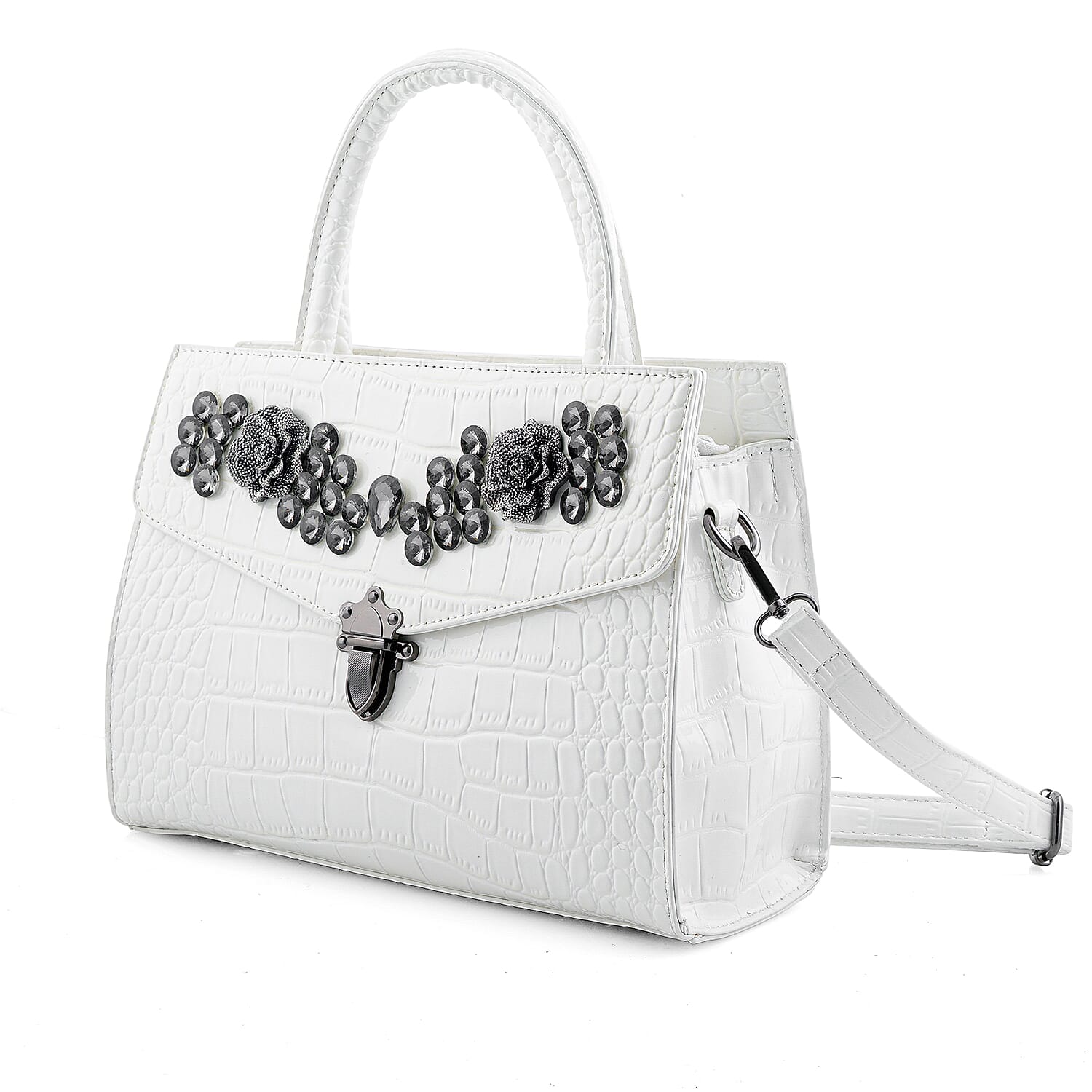 White Crocodile Embossed Faux Leather Sparkling Rhinestone Rose Crossbody Bag