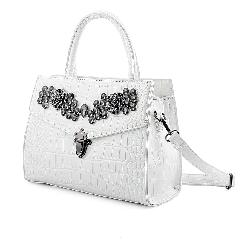 White Crocodile Embossed Faux Leather Sparkling Rhinestone Rose Crossbody Bag