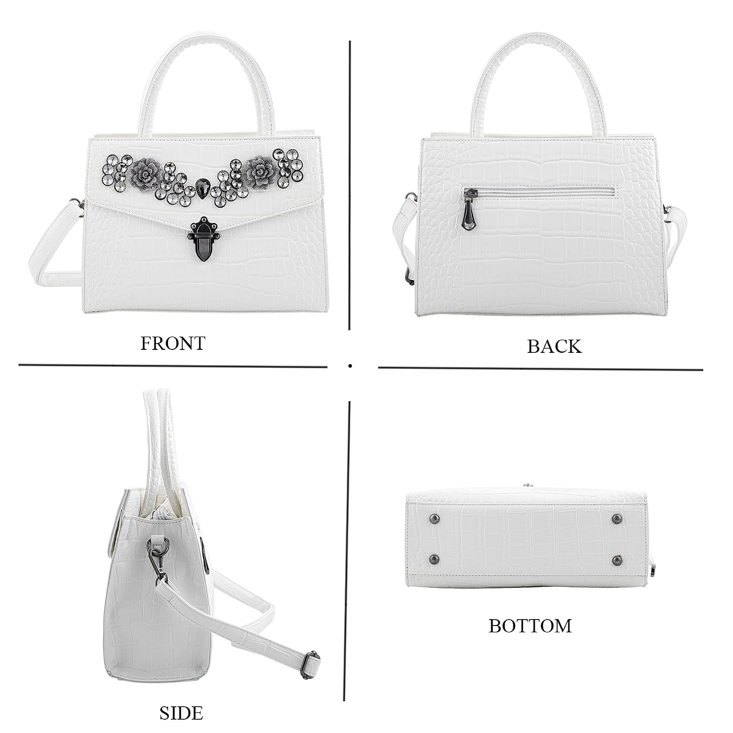 White Crocodile Embossed Faux Leather Sparkling Rhinestone Rose Crossbody Bag