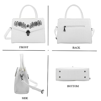 White Crocodile Embossed Faux Leather Sparkling Rhinestone Rose Crossbody Bag
