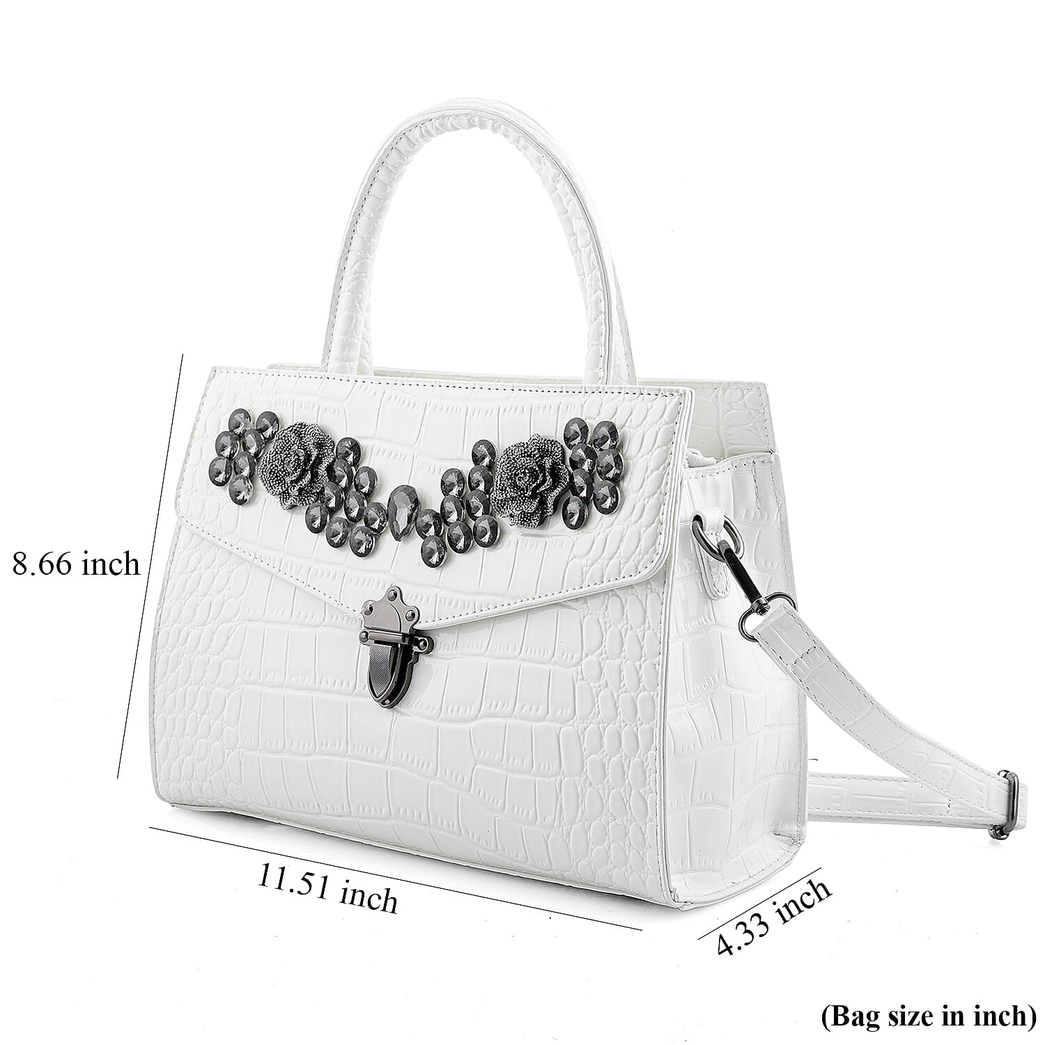 White Crocodile Embossed Faux Leather Sparkling Rhinestone Rose Crossbody Bag